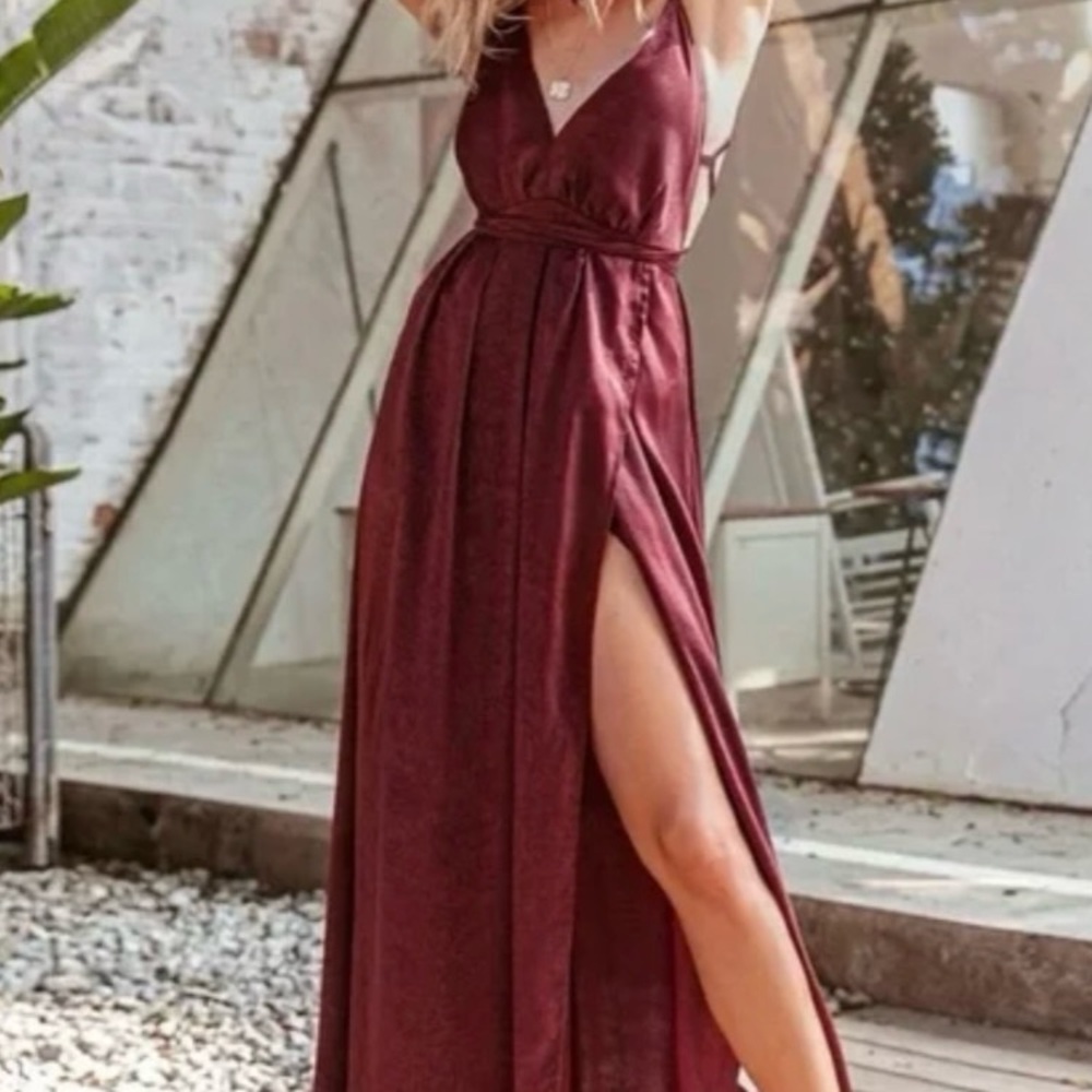 Deep Red sexy Backless Satin Maxi Dress prom date night